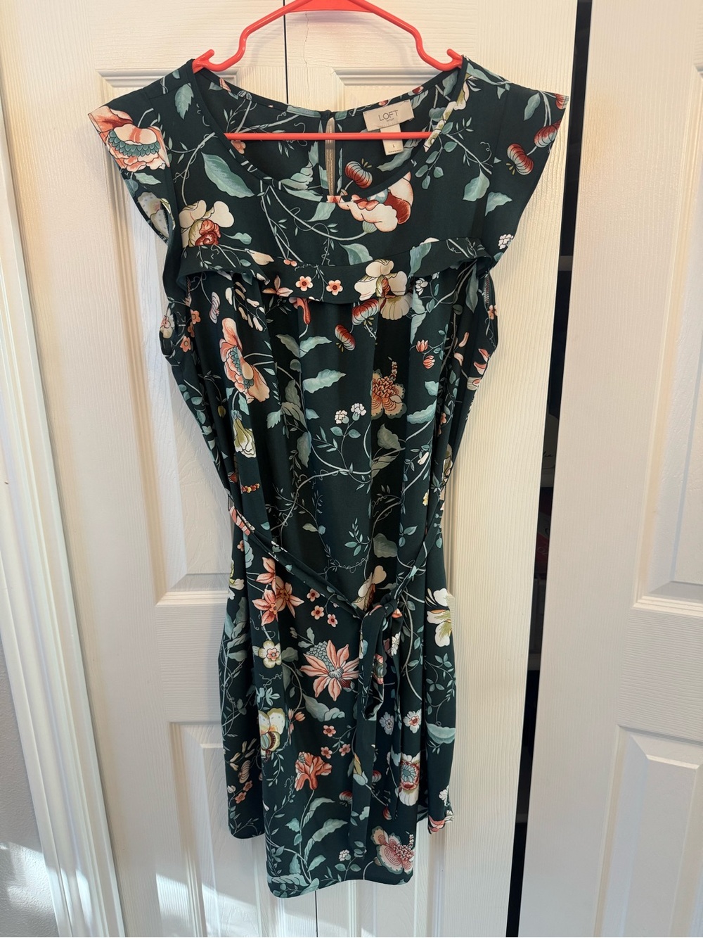 LOFT Dark Green Floral Midi Dress with Coral and Mint Accents